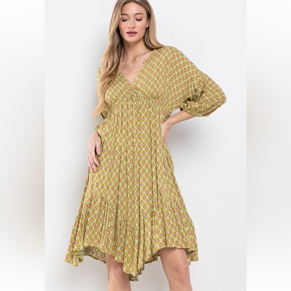 04 Boho V-Neck Woven Print Tiered Midi Dress - Picture 2 of 5